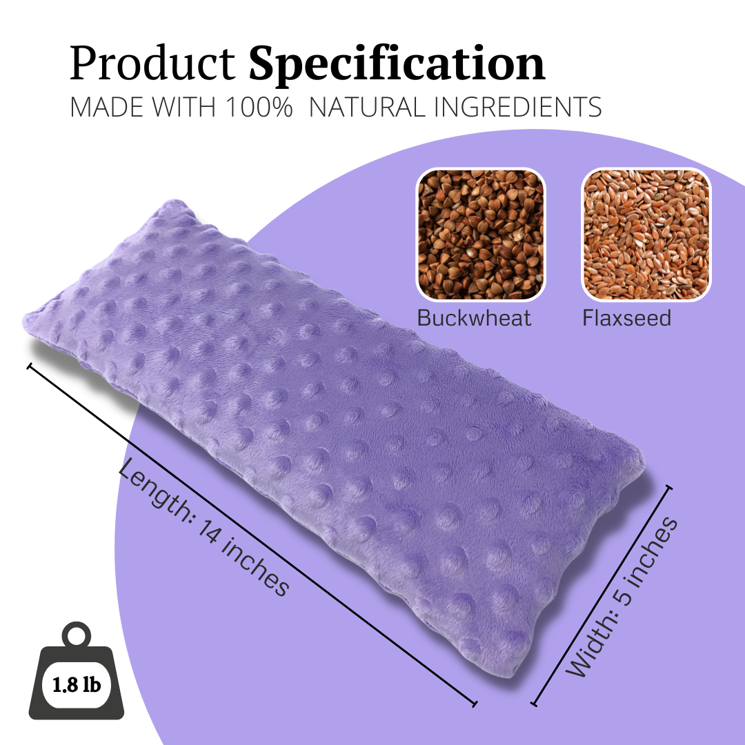 heating pad for back pain relief Lavender microwavable heating pad showing size dimensions, weight, and natural buckwheat and flaxseed filling
