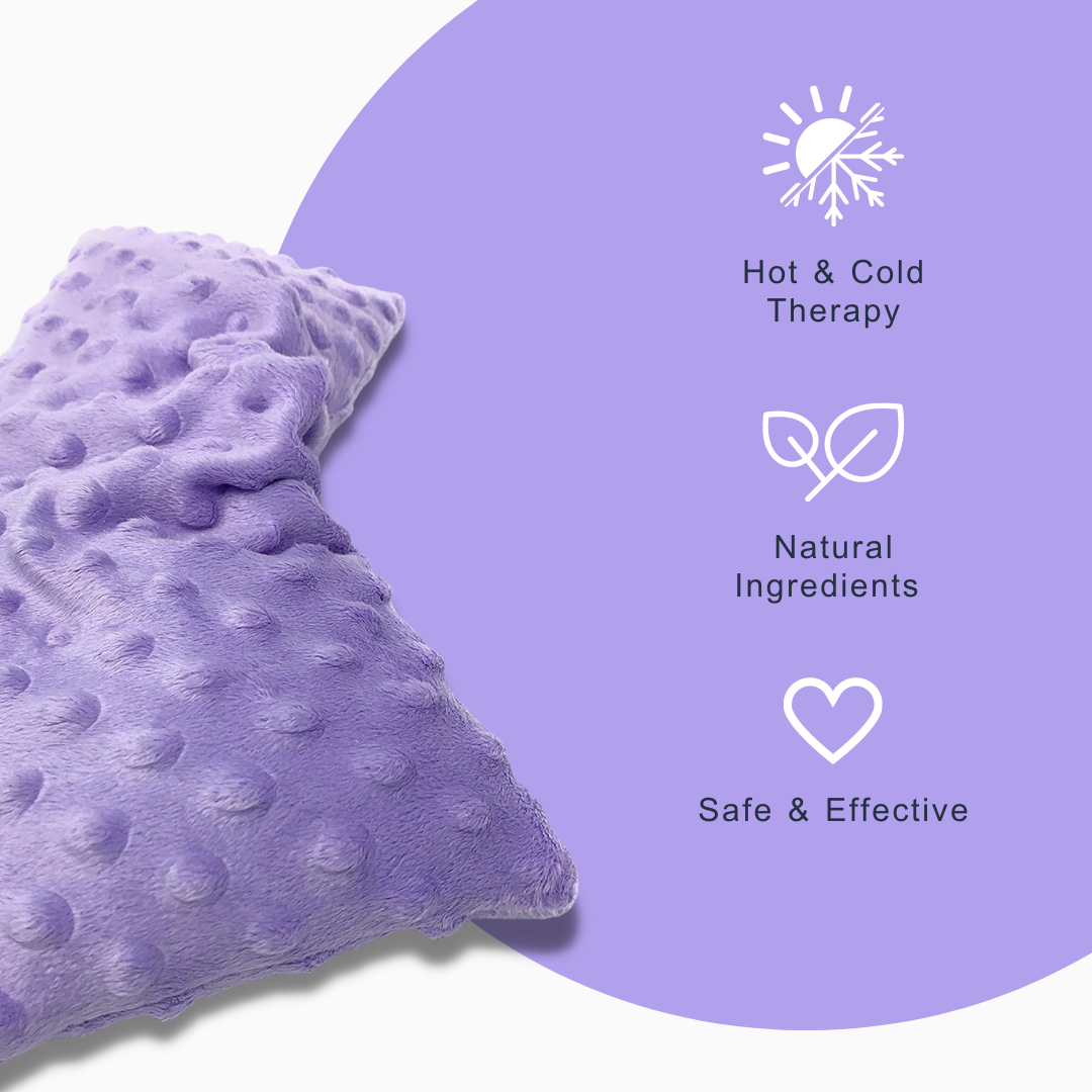 heating pads for cramps Infographics Lavender microwavable heating pad highlighting hot and cold use, natural ingredients, and reusable design