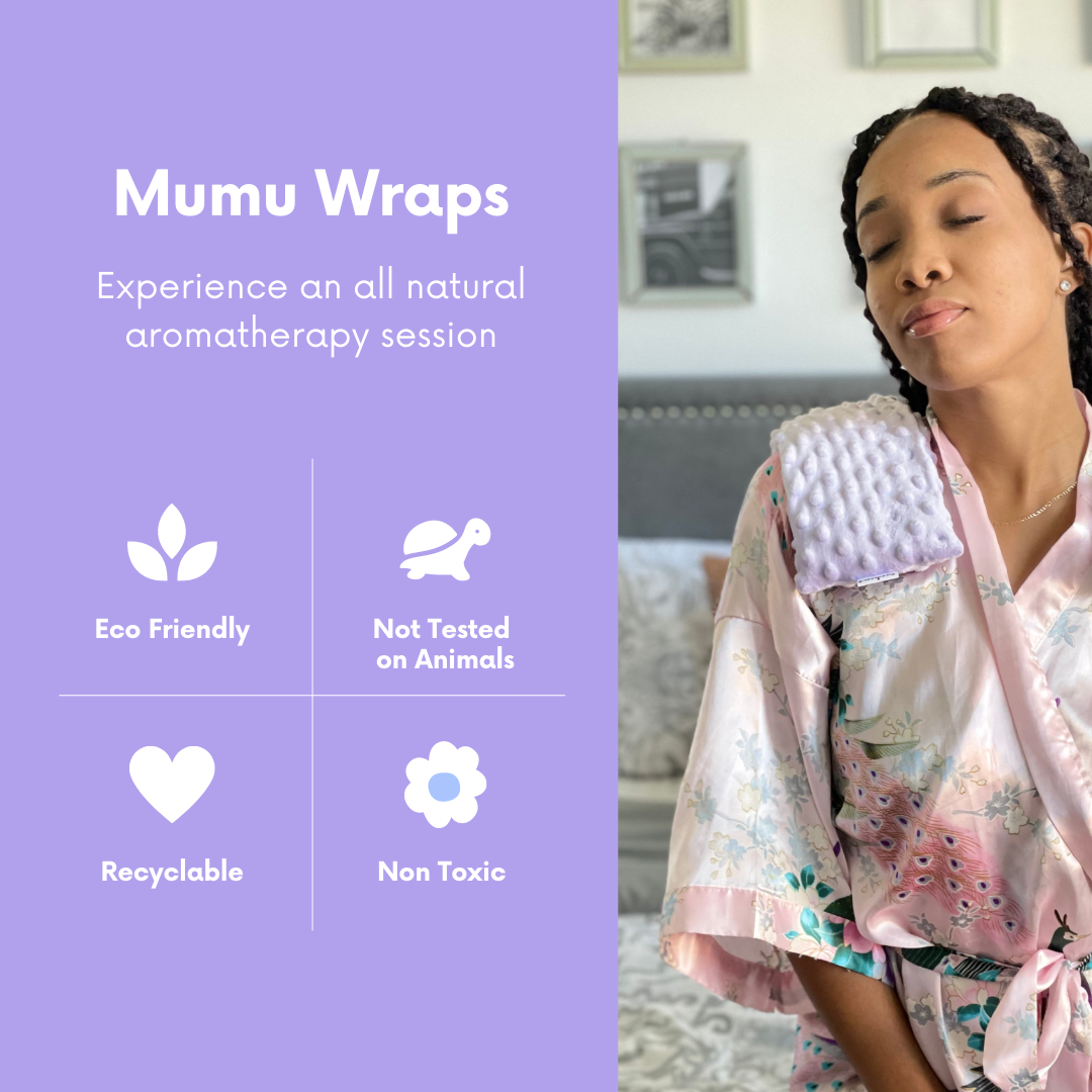 menstrual heating pad solayman's solaymans solayman tech Woman relaxing with a Mumu Wraps lavender heating pad alongside icons showing eco-friendly and reusable features