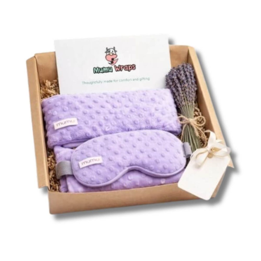 Lavender cozy gift set with microwavable eye pillow and heating pad by Mumu Wraps