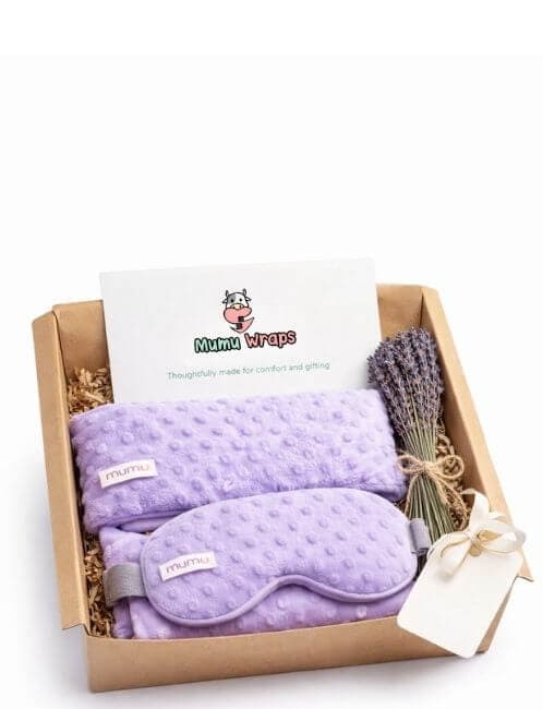 Mumu Wraps Cozy Gift Set with Heating Pad and Eye Mask Mumu Wraps cozy gift set featuring a lavender heating pad and eye mask arranged in a gift box with dried lavender