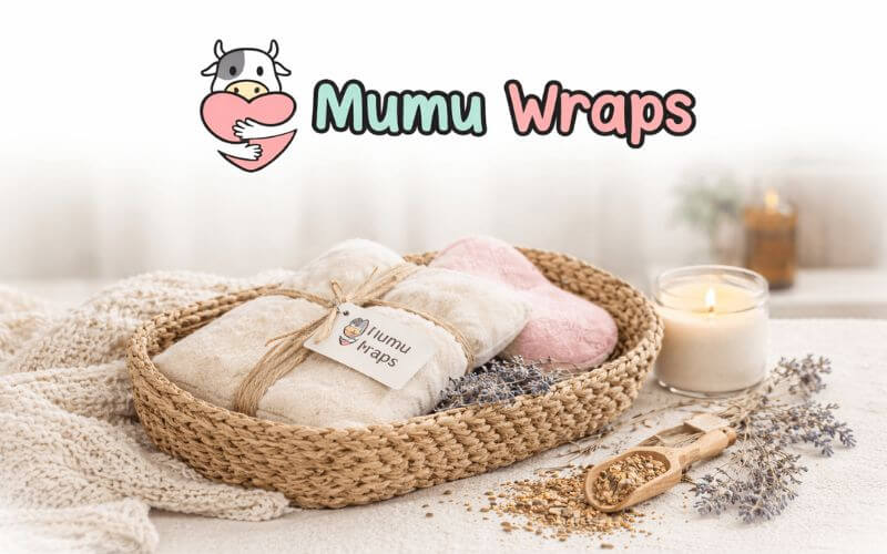 Mumu Wraps brand image featuring natural microwavable heating pads in a woven basket