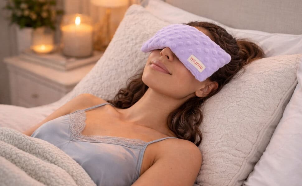 Woman relaxing at home using a lavender eye pillow