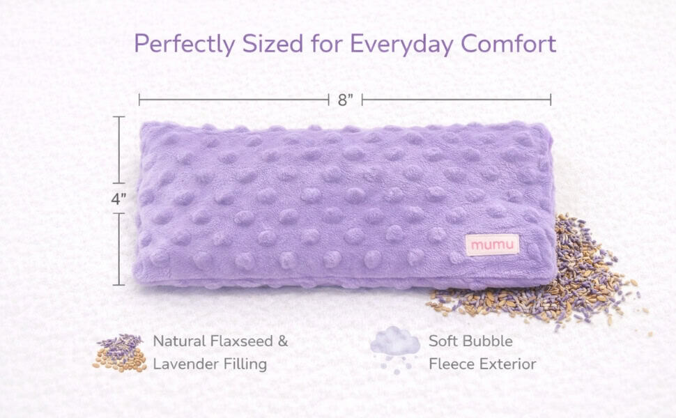 Lavender eye pillow dimensions showing 4 x 8 inches