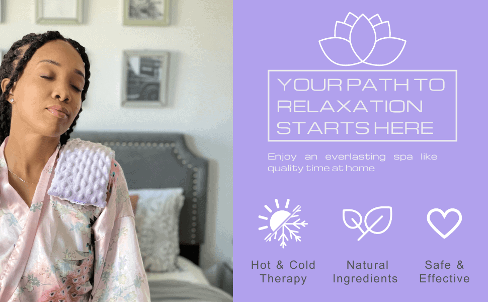 Woman relaxing at home using a lavender scented microwavable heating pad