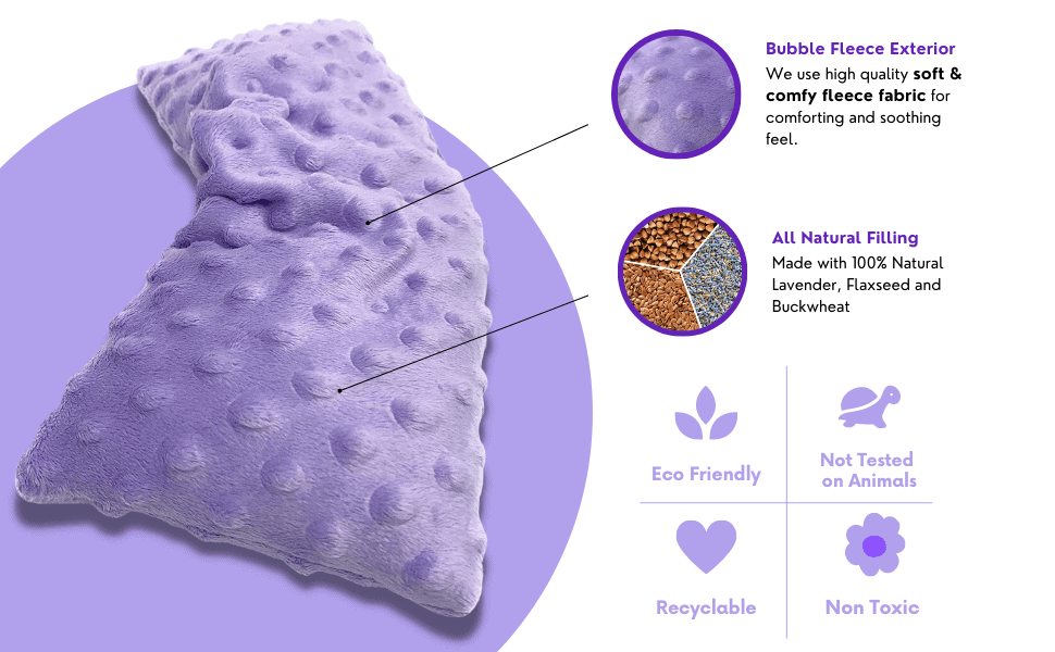 Lavender heating pad showing soft fleece texture and natural filling materials