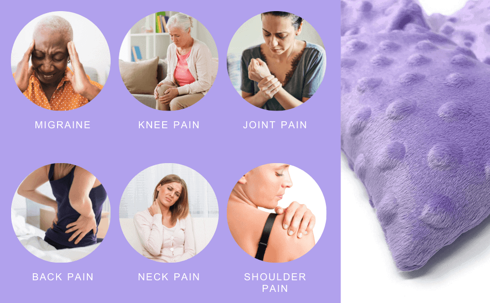 Lavender microwavable heating pad used for everyday comfort in different resting positions